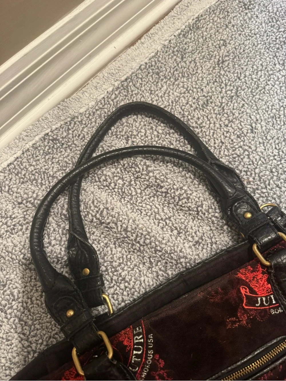 Juicy Couture Black Velvet Tote with Red Crest Motifs